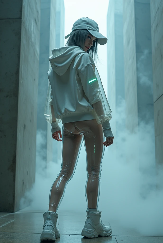 (nsfw), masterpiece, Best Quality, hyper Realistic, A mysterious and sophisticated beautiful young gravure Japanese woman with blue eyes wears futuristic and sexy fashion art. standing back shot, focus ass, from below, Detailed clothing, woman is climbing at a wide angle, with her full body in frame. large Butt, sexy large breasts, slim waist, She wears a futuristic, sexy outfit made from clear, transparent latex. The outfit includes an oversized hoodie, long sleeves with reflective patterns, transparent leggings, an enamel belt, latex gloves, and ankle-length boots with chunky soles. She also wears a clear, transparent baseball cap. Her demeanor exudes harmony and striking simplicity, The wear hugs her body tightly, accentuating her curves and digging sensuously into her skin, hyper small head and face, wide and big Duck mouth, half open mouth, perfectly aligned teeth, perfect beautiful wide teeth, Detailed eyes, light blue eyes, half open eyes, shiny Droopy eyes, gray hair, looking other, She is situated within the interior of a futuristic colony, with mist drifting and steam rising from concrete