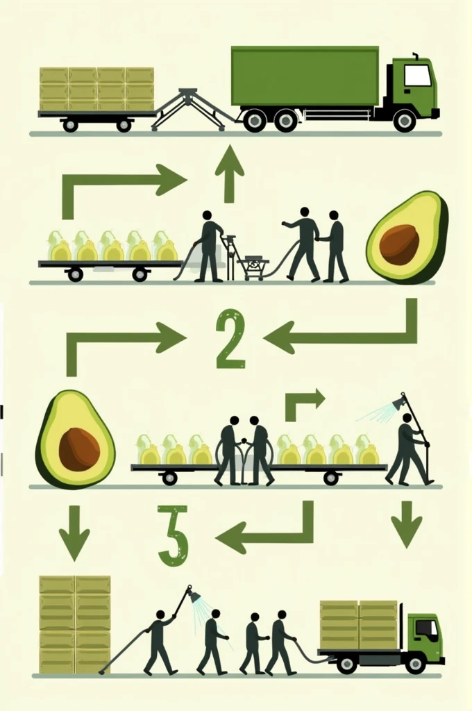 Create a layout or image that indicates procedures in order indicated by arrows. 1. Truck arrives at a factory to deliver avocado jams, 2. People download java and stack it, 3. Javas go through a shower. 4. The javas are dumped onto a belt and then passed through two water sprayers, 5. Follow the belt and people appear who select the avocado, 6. At the end of the belt, people fill the avocados into boxes., 7. People stack the boxes, 8. Stacked boxes are taken to containers on trucks or trailers. The image has to follow the sequence ordered by numbers, This is the process inside an agro-export factory. There is only one strip that connects and the avocado is whole., does not break.