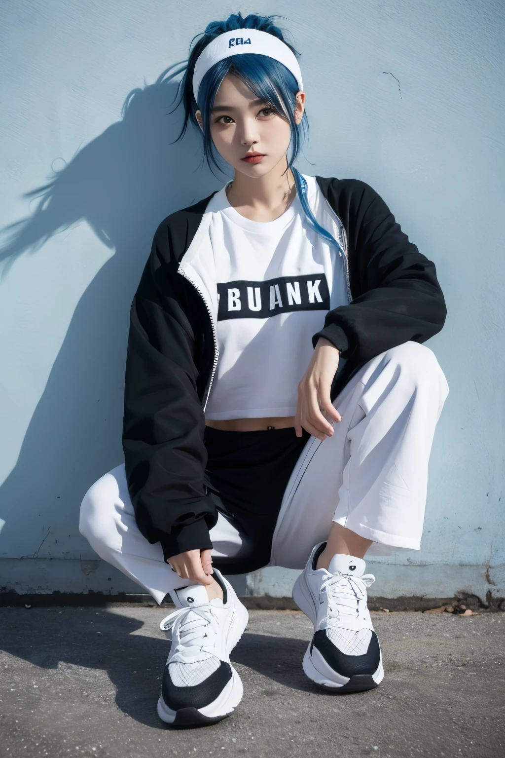 1girl, blue hair, white sweat band, black shirt, white jacket, black pants, black sports shoes