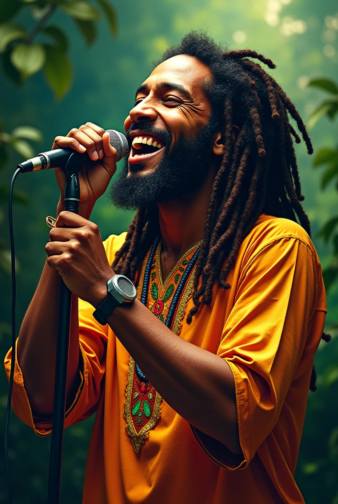 Jamaican Rastafarian with microphone in hand 