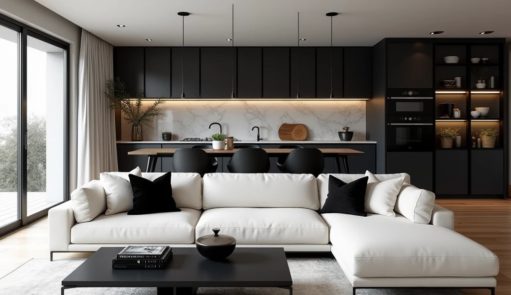 Create a realistic render of a modern, open-concept living and dining area with a minimalist design. The space features floor-to-ceiling windows on one side, allowing plenty of natural light to flood the room. The main living area includes a large, off-white sectional sofa adorned with black and white accent pillows. A sleek black coffee table sits in front of the sofa, decorated with a few minimalist accessories.
The dining area is seamlessly integrated into the open space, with a black dining table surrounded by black chairs with simple, modern designs. Above the dining table, two black pendant lights with warm inner tones provide ambient lighting, enhancing the room's cozy yet sophisticated atmosphere.
The kitchen, located behind the dining area, features dark cabinetry with a marble backsplash, combining elegance and practicality. Open shelving and subtle under-cabinet lighting add depth and functionality to the kitchen space. A wall of black-framed glass cabinets on the right side adds storage and visual interest, maintaining the minimalist aesthetic.
The flooring throughout the space is a light wood, which contrasts beautifully with the darker furniture and fixtures. The overall color palette is neutral, with a focus on black, white, and grey tones, creating a sleek and modern atmosphere that exudes both comfort and style.
