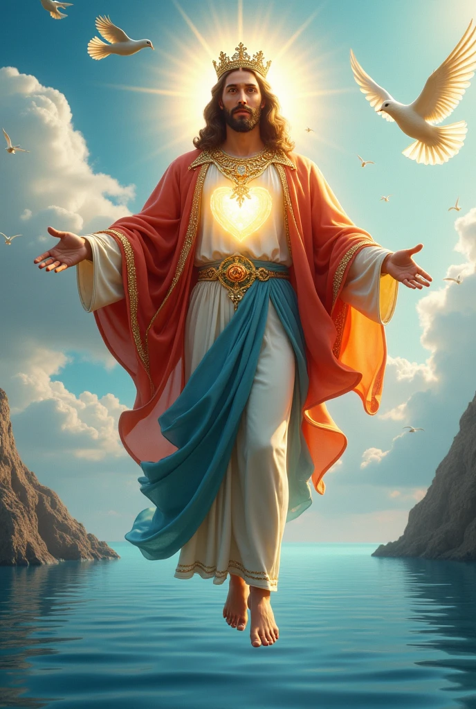 (photorealism:1.2), handsome Jesus Christ, his feet is visible to see that floating above the blue water of the sea, wearing the diamond color of King elegant clothes with many diamonds and crown sparkling with light, the head and heart lighting all over, focus on face looking at the camera, nice hair, outdoors, feet finger is five, bright lighting, so many clouds and blue sea water in the background, so many clouds and dove all over, cozy blue sea, relaxed pose, realistic, intricate details, bright colors,