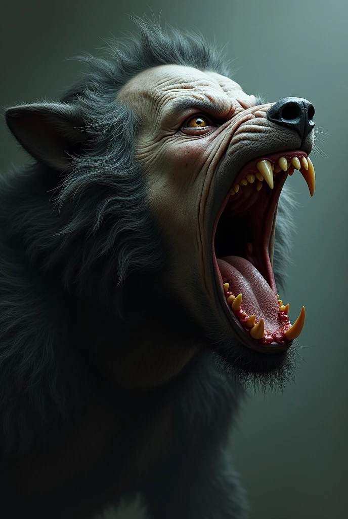 A man transforming into a werewolf as his face stretches and morphs