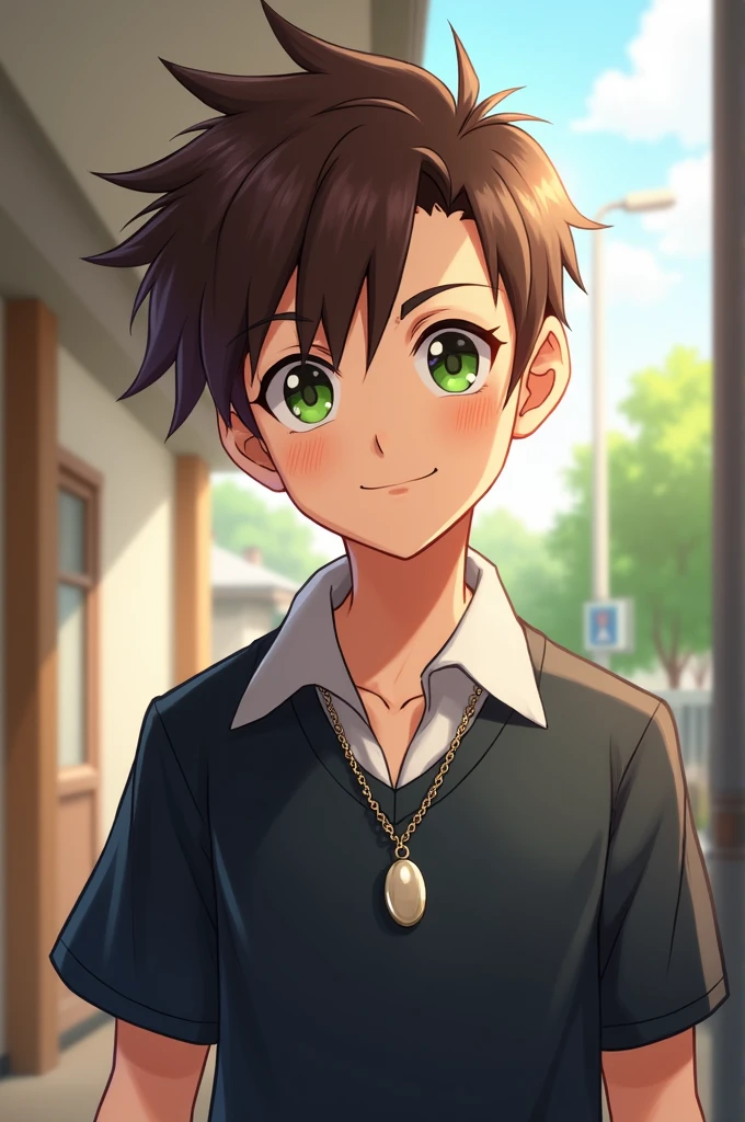 A  boy, short brown hair shaved on one side, green eyes, Very outgoing personality and a little cocky, is moderately tall, He is handsome and cute, He wears a school uniform, She wears a necklace with an oval pendant, 