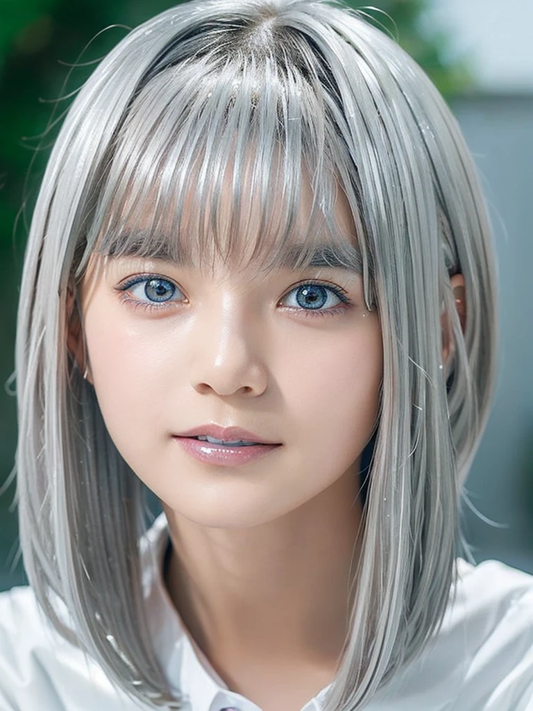 A portrait of a young lovely girl in school uniform, with a bright expression, glowing white skin, glossy face, shimmering cheek gloss,best looks, bright silver hair with shimmering highlights, very beautiful glossy hair, (ultra short silver hair:1.75),shimmering clear alluring bright large pale blue eyes, very large eyes, downturned eyes, left and right eyes are equal,eyeliner, thin eyebrows,perfect bust,masterpiece,photorealistic, 8k,16k,high quality, masterpiece, realistic portrait