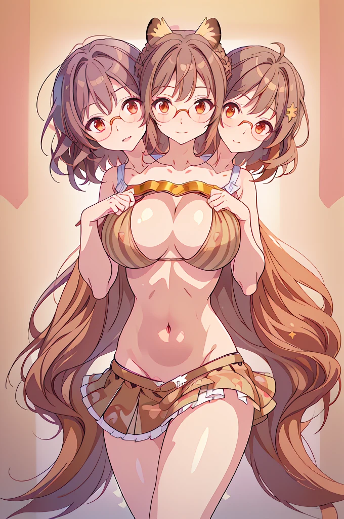 (masterpiece, best quality), best quality, best resolution, (ultra-detailed), (3heads:1.5), 1girl, (mamizou futatsuiwa:1.3), masterpiece, (best quality:1.5, highres, UHD), highres, absurdo, ultra detail, ultra quality, Ultra resolution,, ecru top, crop top, ((stomach)), midriff, ((groin)), red-grey skirt, miniskirt, normal ears, shackles, light brown hair, short hair, wavy hair, sidelocks, brown eyes, parted lips, sirking cute smile, smiling, cute, toned belly, hand on own chest, eyelashes, (2 woman:1.3), (masterpiece:1.5), (best quality:1.5), (beautiful detailed), extremely detailed CG, extremely delicate and beautiful, depth of field, (finely detailed face), (perfect details:1.2), (mature female:1.3), wide pelvis, slender, large veiny breast, 16k resolution, very high quality, very high definition, extremely detailed, masterpiece, light brown hair, short hair, alluring presence, twin braid, short skirt, close up, very big breasts, huge breasts, young, shoulder-length hair, tanuki ears, giant striped tail, (tanuki girl:1.4), glasses, (wearing glasses:1.5),