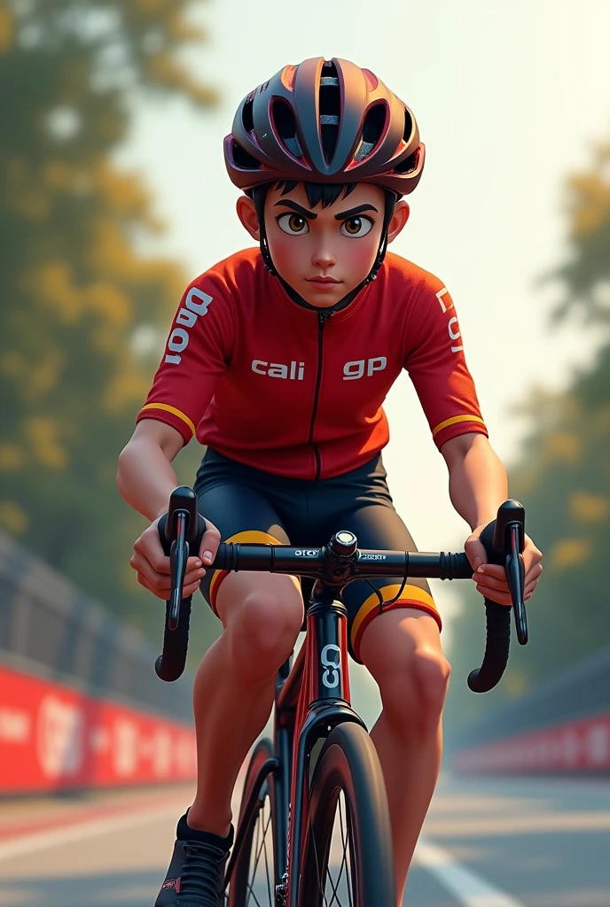 Boy with Loncing GP 300 racing bike in red colors with the name Pablo on the back realistic 