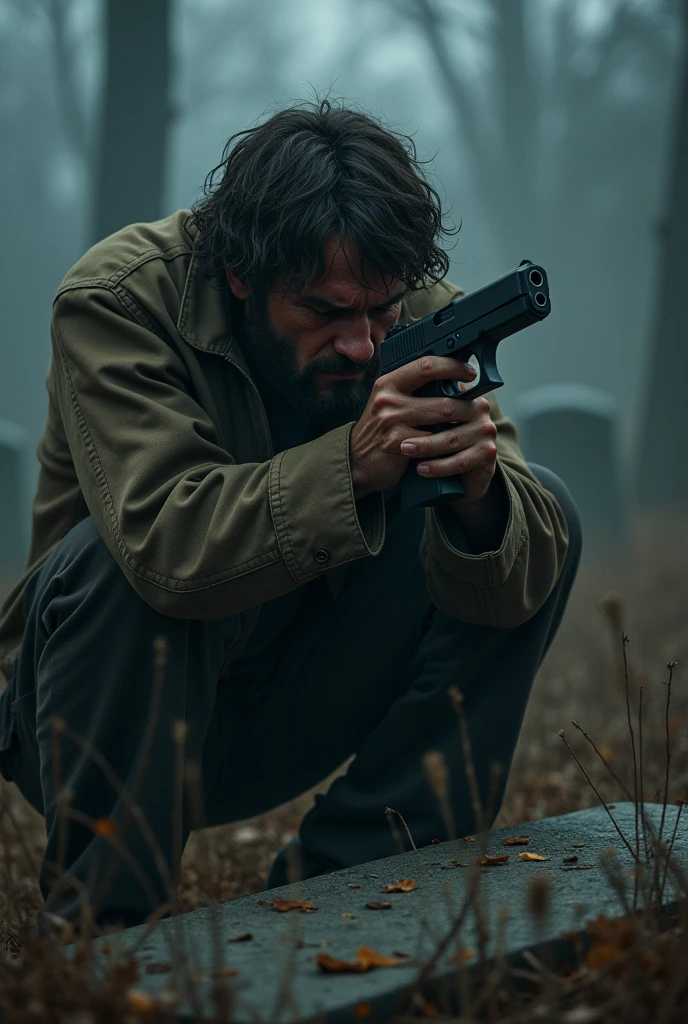 A Brunette-Bearded Man Holding a 14-Caliber Gun to His Head on the Grave Cries and Shoots His Head