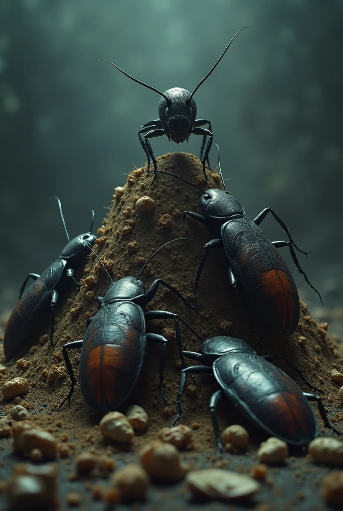 Create a horror image where 3 decapitated cockroach bodies want to approach a single cockroach head that is on a hill or mound of bodies of other dead cockroaches.