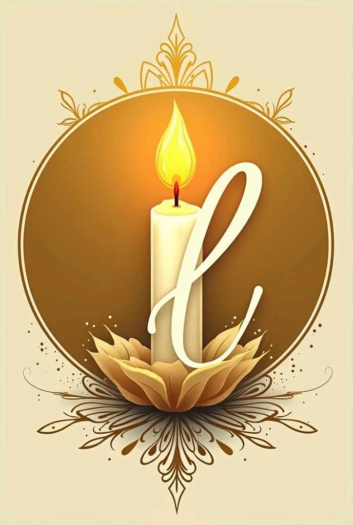 A modern, cursive letter L embracing a melting lit candle in the center of a golden circle, a modern outline worthy of Miami.
