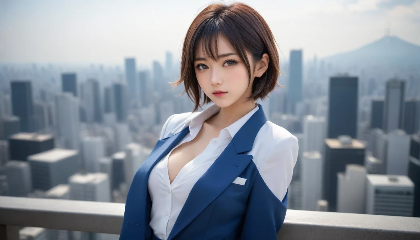 8k, Ultra-high resolution, Highest quality, masterpiece, 三分割法によるphotograph,Surreal, photograph, 1 , (:1.3), cute, cute顔, 細部までBeautiful Eyes, 細かくdetailedに,masterpiece,One Girl:1.2,Japanese women,Female announcer,cowboy shot,glaring,Black short hair,messy hair,from side,(White shirt:1.3),Dark blue blazer,Pencil Skirt,Rooftop,white collar,blue sky,Background of skyscrapers,(Beautiful attention to detail),Subtle details, detailedな顔,anger,Attractive eyes,(ポートレートphotograph:1.4),(Photorealistic images:1.4),Fantasy art,(Beautiful Face:1.4),美しくAttractive eyes、Beautiful Eyes,Silver residue,(Tight waist:1.4)、(Beautiful with perfect body proportions:1.4),Pink Lips,profile,(((Ideal body type))),A-cup small breasts :2,、Portraiture:2、Perfect Anatomy、鮮明なdetailed、detailed,Fashion magazine cover,Thin lips,完璧でBeautiful Face ,完璧でcute顔, Skin with attention to detail, Perfect limbs、Narrow waist,Surreal,Light and shadow,sunlight
