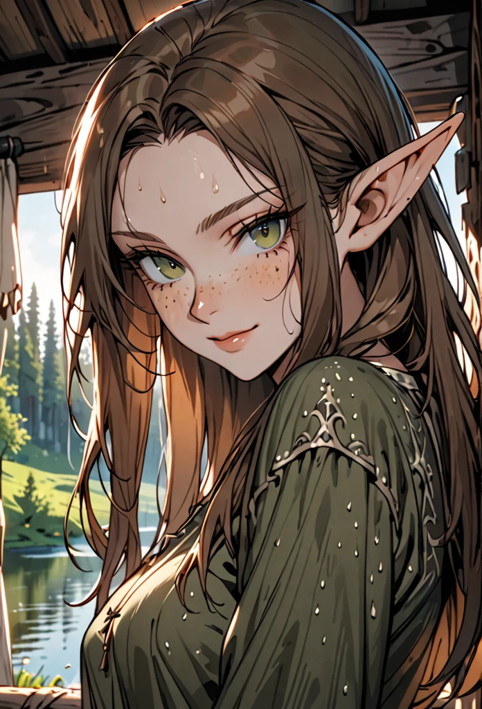 solo, female, elf, huge pointed ears, medium breasts, long hair, brown hair, dark green eyes, freckles, medieval, sweat, come hither, close up, sexy pose, lake, forest, onlyfans, sackcloth shirt, inside cabin, gentle smile, tall, slender,