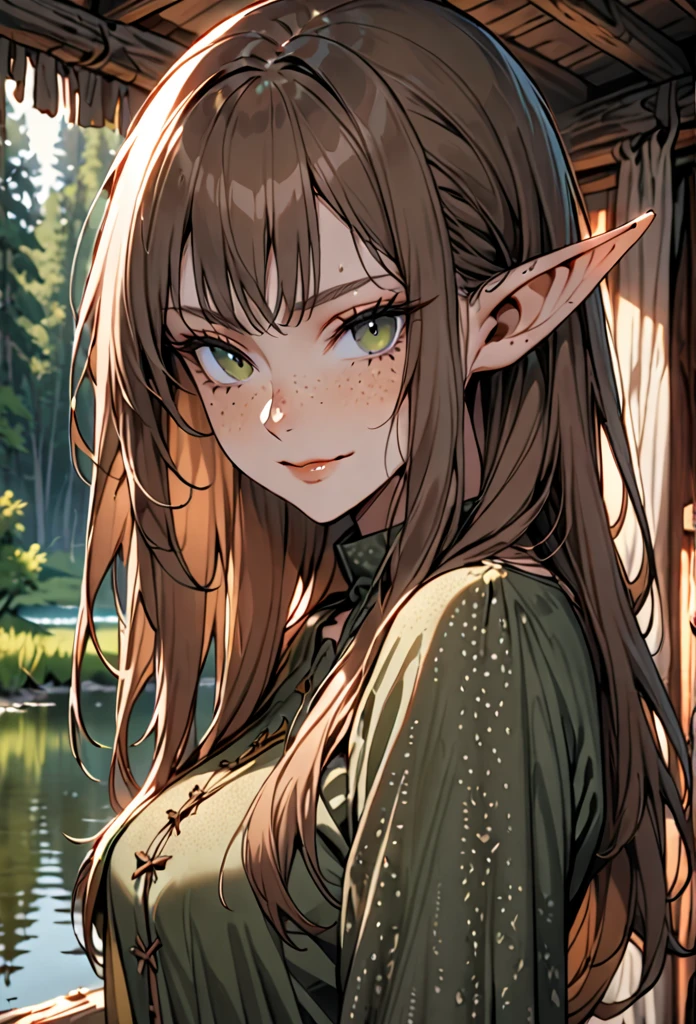 solo, female, elf, huge pointed ears, medium breasts, long hair, brown hair, dark green eyes, freckles, medieval, sweat, come hither, close up, sexy pose, lake, forest, onlyfans, sackcloth shirt, inside cabin, gentle smile, tall, slender,
