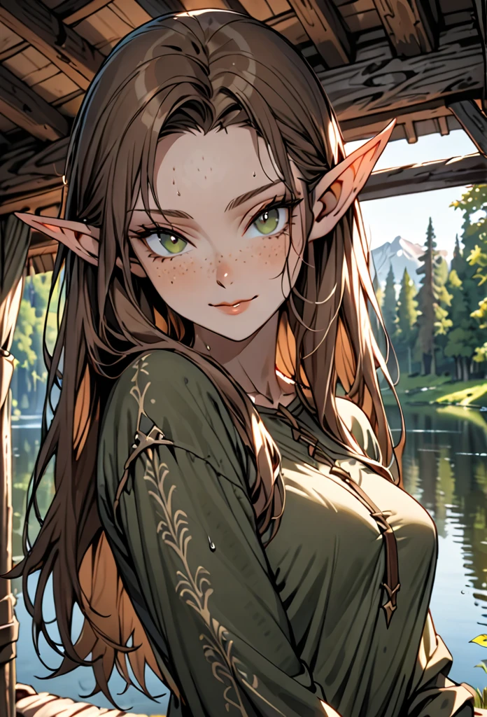 solo, female, elf, huge pointed ears, medium breasts, long hair, brown hair, dark green eyes, freckles, medieval, sweat, come hither, close up, sexy pose, lake, forest, onlyfans, sackcloth shirt, inside cabin, gentle smile, tall, slender,