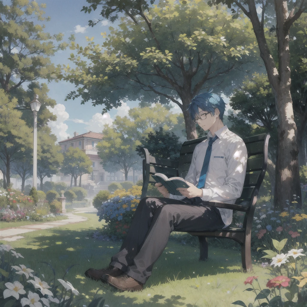 garden、Under the big tree、A man with long, blue hair and glasses reading a book is sitting on a bench.、Hair blowing in the wind、Surprised face