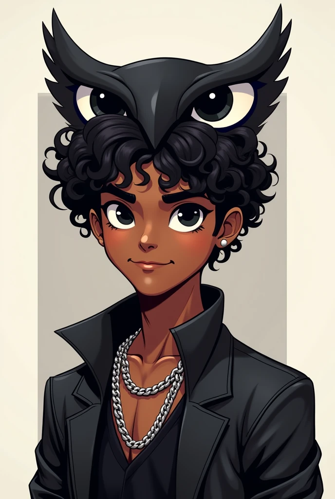 Make a male character with dark SKIN , of curly and black hair, with black eyes, with a slight smile on your face, an owl hat on his head, a black outfit with a silver chain around the neck, do this in the style of the logo for the YouTuber