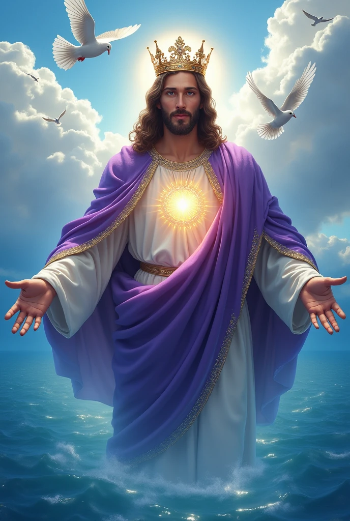 (photorealism:1.2), handsome Jesus Christ, his feet is visible to see that floating above the blue water of the sea, wearing the purple color of King elegant clothes with many diamonds and crown sparkling with light, the head and heart lighting all over, focus on face looking at the camera, nice hair, outdoors, feet finger is five, bright lighting, so many clouds and blue sea water in the background, so many clouds and dove all over, cozy blue sea, relaxed pose, realistic, intricate details, bright colors,