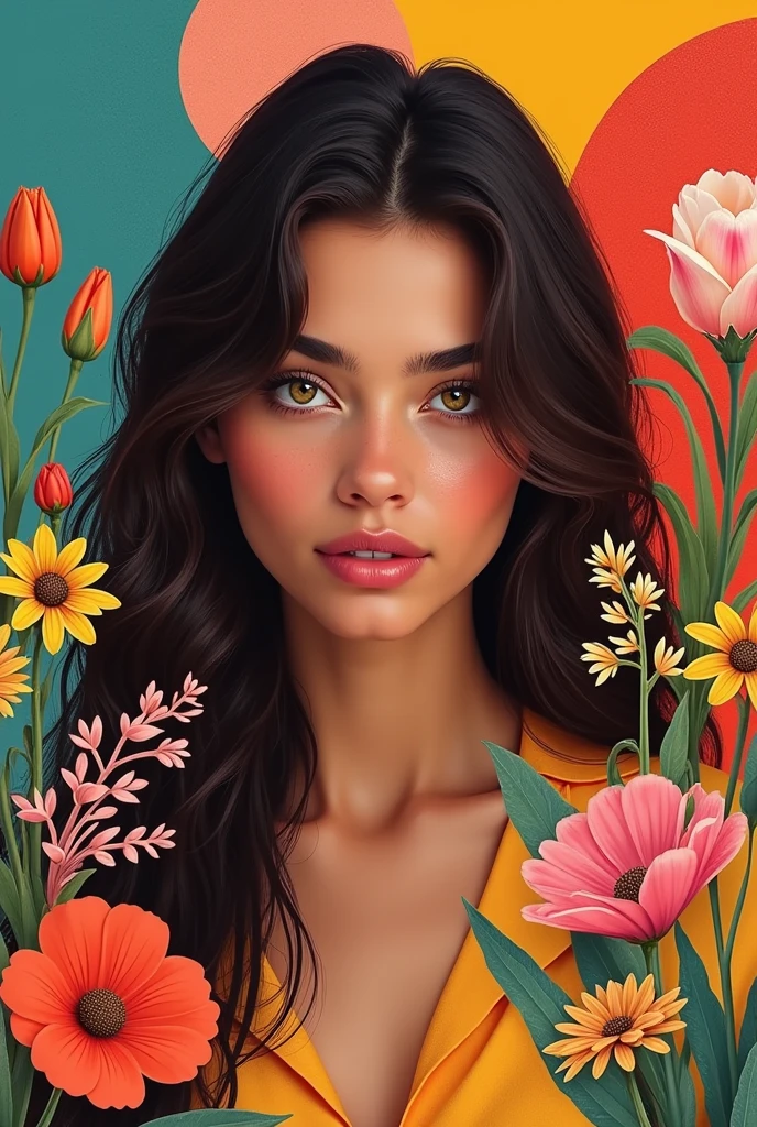 A beautiful and gorgeous Cuban model, with honey-colored eyes and loose brown hair, immersed in the center of a collage of colors, alive, solids and degraded, perennials, bright and cheerful.