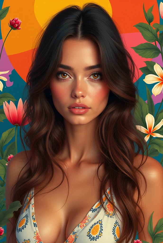 A beautiful and gorgeous Cuban model, with honey-colored eyes and loose brown hair, immersed in the center of a collage of colors, alive, solids and degraded,  perennials, bright and cheerful.