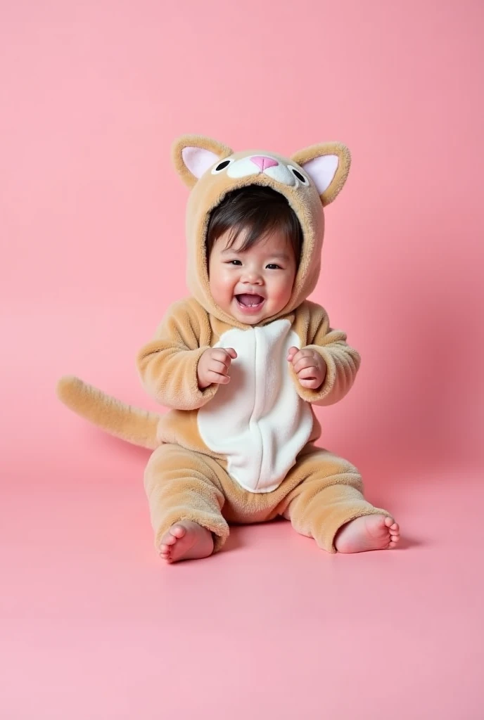  in a cat costume with ears and tail, sitting playfully on a pink background