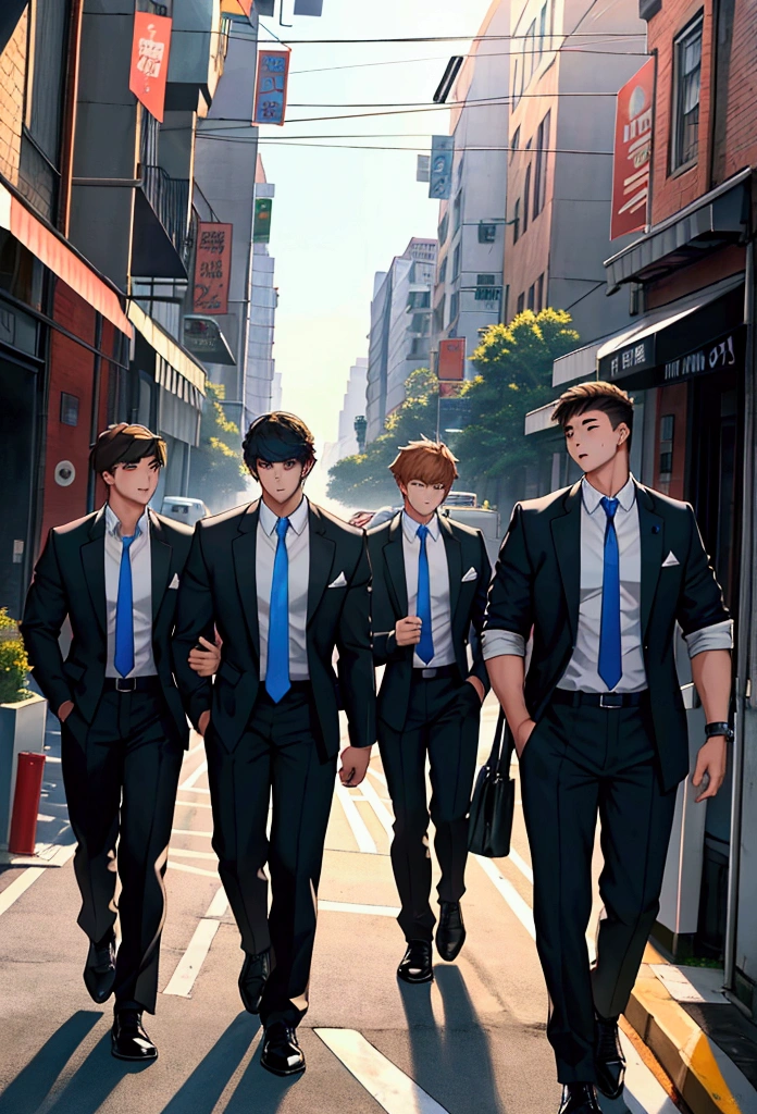 A group of four high school boys returning from club activities、Large muscular body、Midsummer、uniform、City roads、Highest quality、Perfect Face、looks fun