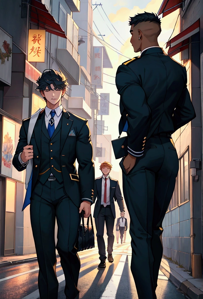 A group of four high school boys returning from club activities、Large muscular body、Midsummer、uniform、City roads、Highest quality、Perfect Face、looks fun