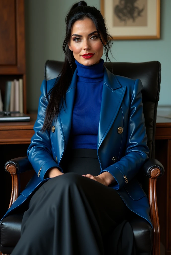 photo of a soaked and sweaty completly clothed horny prime minister of parliament woman with a sensual smile sitting on a office leather chair on her desk legs crossed ,waitin for the man she loves , monica bellucci at 3 , ((incredibly clear blue eyes )) (( flirting with the camera)) (( lookin at the camera with sex )) (( red lipstick)) (( Monica is dressed with a blue leather tellier double breasted jacket blue turtleneck sweater , and a black long maxi-skirt(black long maxi-skirt:1.2 )) (( black soft stiletto Leather boots )) (( black ponytail hair)) showing ass and breasts act like a horny bitch