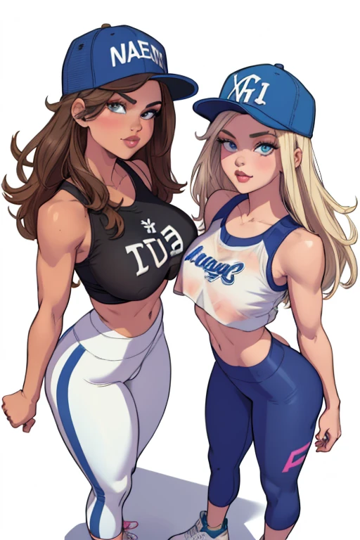 2 girls, multiple girls,(high-level image quality),(hight quality),(hight resolution),(detaileds),(masterpiece),(artwork:1.2), (realistic),looking at viewer, Detailed eyes, perfect eyes, Detailed face,(baseball cap),dynamic pose,(fully white background),((leggings)),(crop top),(underboob),(lineart),(from above:1.2), (sports sneakers),