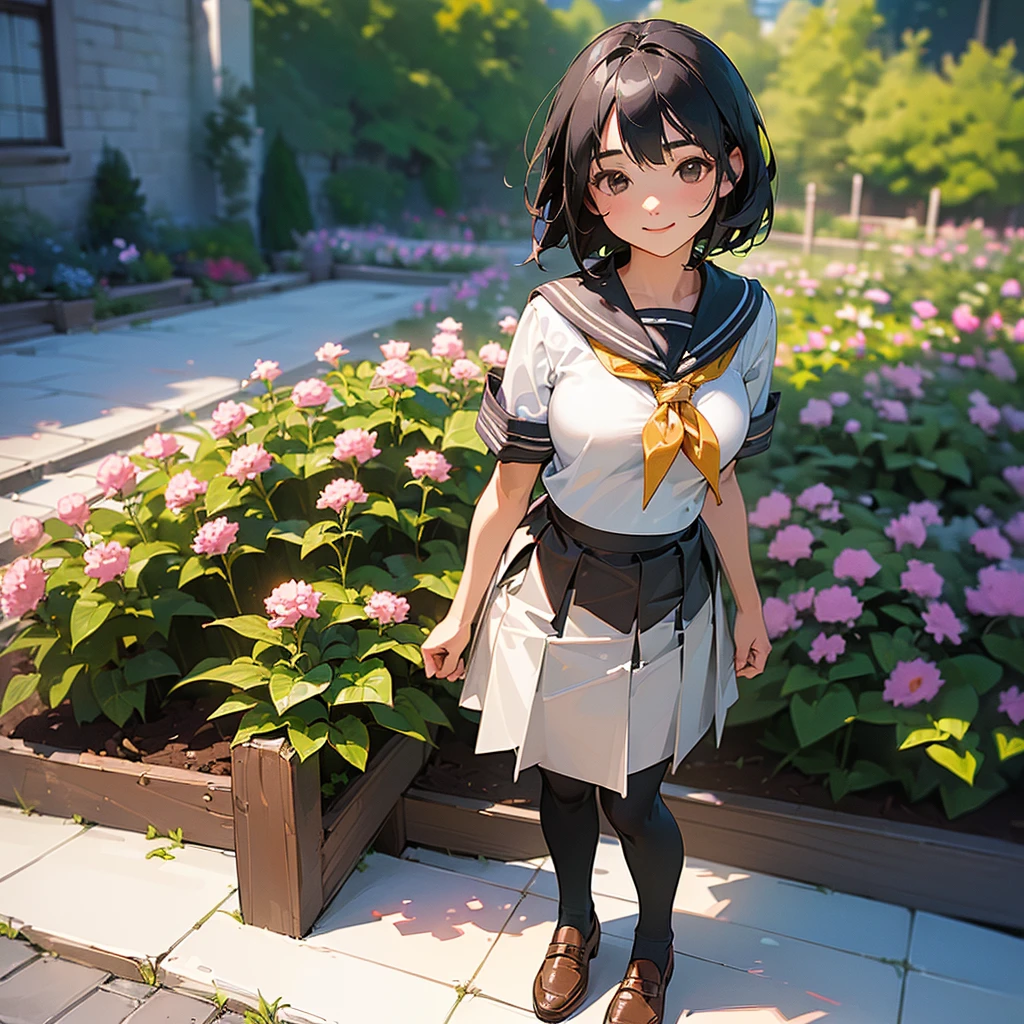(Highest quality, High resolution, Super detailed, Realistic:1.37), Peaceful atmosphere, (Outdoor, garden), age girl standing alone,(my breasts are big.),Beautifully detailed features, Cute Smile, ((Black bob hair)),Short-sleeved sailor uniform, Pleated skirt,Black tights,Brown leather shoes.
