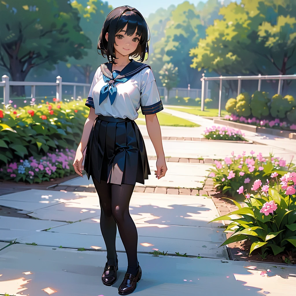 (Highest quality, High resolution, Super detailed, Realistic:1.37), Peaceful atmosphere, (Outdoor, garden), Teenage girl standing alone,(my breasts are big.),Beautifully detailed features, Cute Smile, ((Black bob hair)),Short-sleeved sailor uniform, Pleated skirt,Black tights,Brown leather shoes.