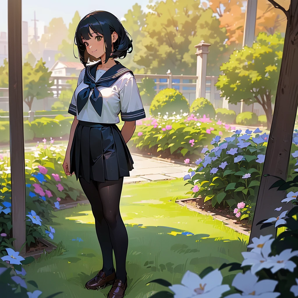 (Highest quality, High resolution, Super detailed, Realistic:1.37), Peaceful atmosphere, (Outdoor, garden), Teenage girl standing alone,(my breasts are big.),Beautifully detailed features, Cute Smile, ((Black bob hair)),Short-sleeved sailor uniform, Pleated skirt,Black tights,Brown leather shoes.