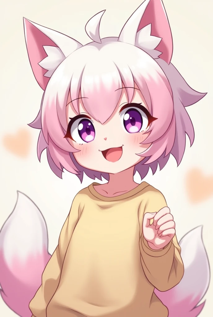 Chico anime furry, with purple eyes, short white and pink hair, sweatshirt and with a big smile