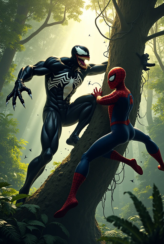 Venom is cutting a tree in the Amazon jungle when Spider-Man signals him to stop.