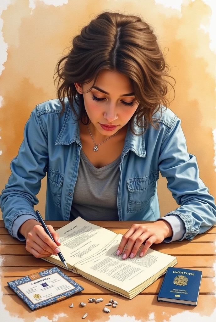 Watercolor art images of documents on the table a person looking at these documents, passport, birth certificate, id card