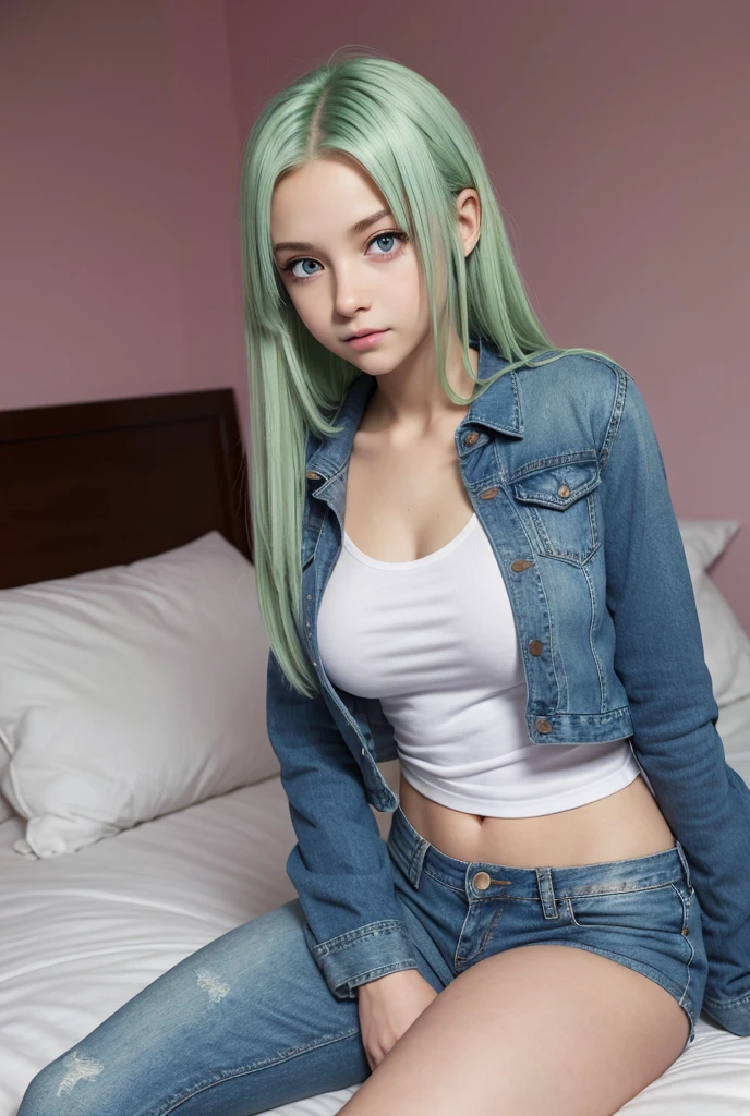 1 female, green long hair, huge breast, thick legs, shy face, light blue eyes, high school jacket, blue demin jean short, cap, white t-shirt, 2010s anime, at home, bedroom, in the bed