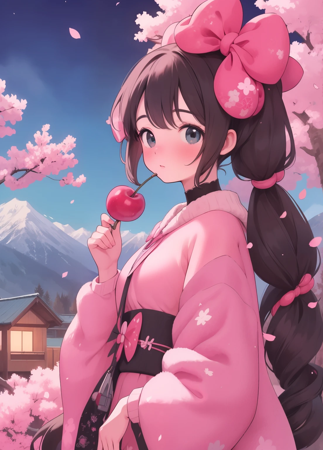 (masterpiece、最high quality、最high quality、Official Art、Beautiful and beautiful:1.2)、(One person:1.3)Hatsune Miku、Twin tails,Beautiful breasts, Katsushika Hokusai,artwork, Better Quality, night, Mountain, Take the key, Long black hair, woman, fire Fly, performer, mysterious cherry blossoms, Pink leaves, high quality, Beautiful graphics, high definition