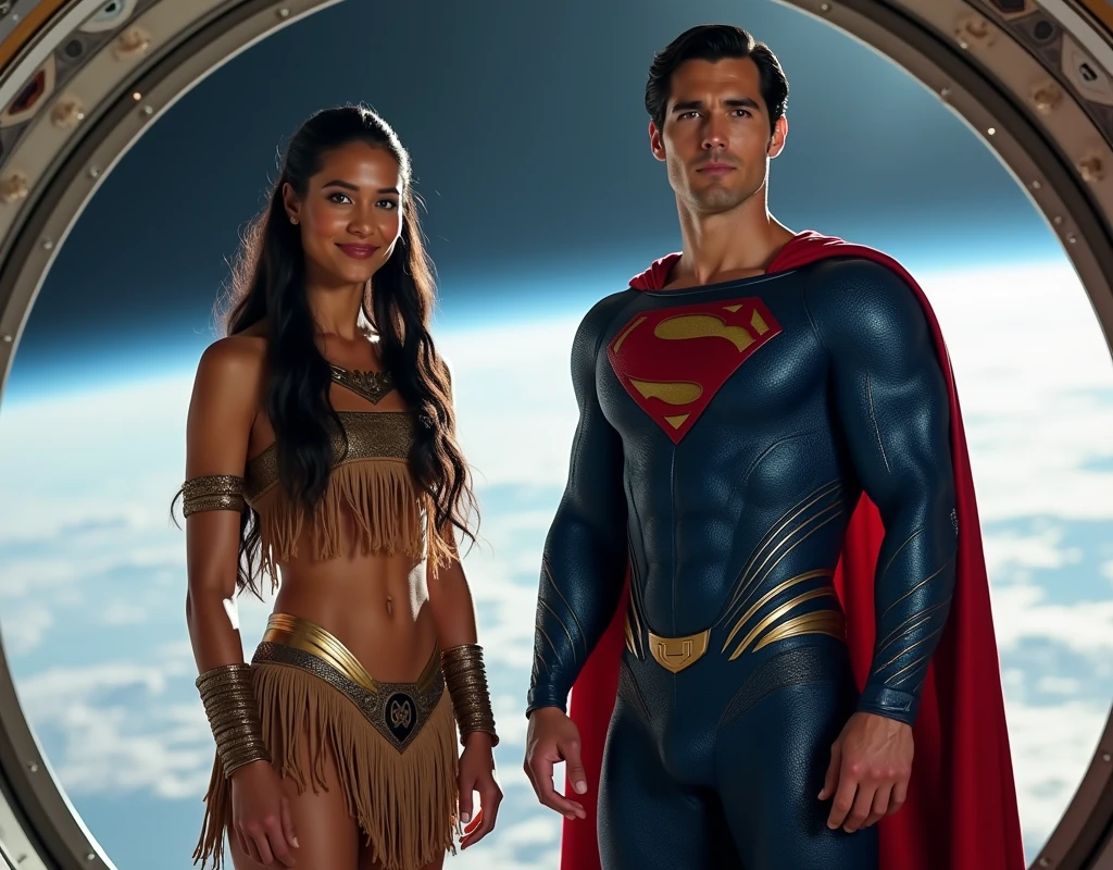 full body shot, two people one , an attractive woman in native costume, Pocahontas, smile, Portrait of a young Pocahontas, Portrait of Pocahontas, warrior dress. and a strong athletic man is Superman, They are standing on a lunar station with a window where the earth can be seen in the distance., Inside there is a sign that says digital marketing area.