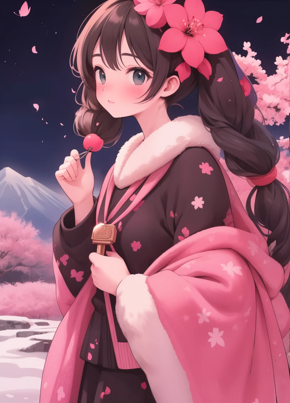 (masterpiece、最high quality、最high quality、Official Art、Beautiful and beautiful:1.2)、(One person:1.3)Hatsune Miku、Twin tails,Beautiful breasts, Katsushika Hokusai,artwork, Better Quality, night, Mountain, Take the key, Long black hair, woman, fire Fly, performer, mysterious cherry blossoms, Pink leaves, high quality, Beautiful graphics, high definition