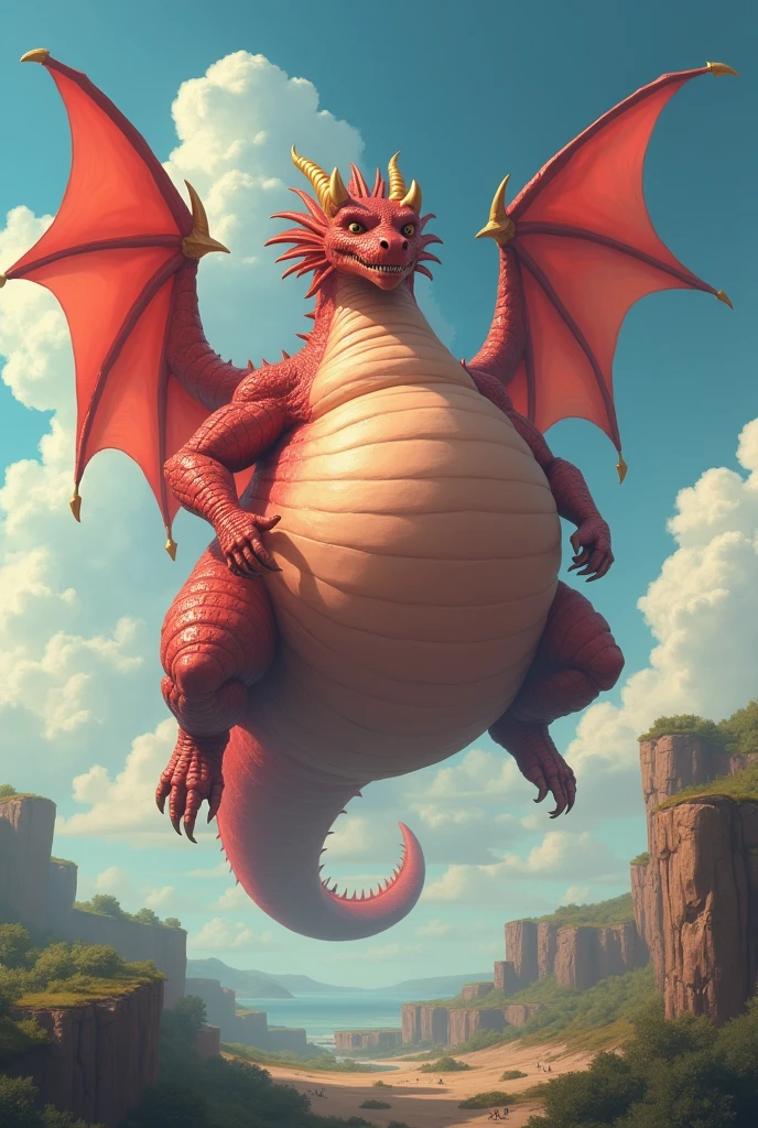 He is a red dragon,He has two arms and two legs and is cool., It has golden horns, Wings with hands, The world's most super tall and extremely obese dragon, So that the boat touches the ground,, It has wings and its facial features are so thick that it is bigger than its face, fat and huge, and its belly is swollen like a balloon that looks like a mountain that could burst. It is swollen several times more than its size and is distracting.!!! His belly touches the ground and his body is long. He is 10 heads tall. He is alone. He is too fat. His belly is too big and his legs, arms, face, and everything else look small compared to his belly fat. Make him bigger and fatter. He is flying in the sky.