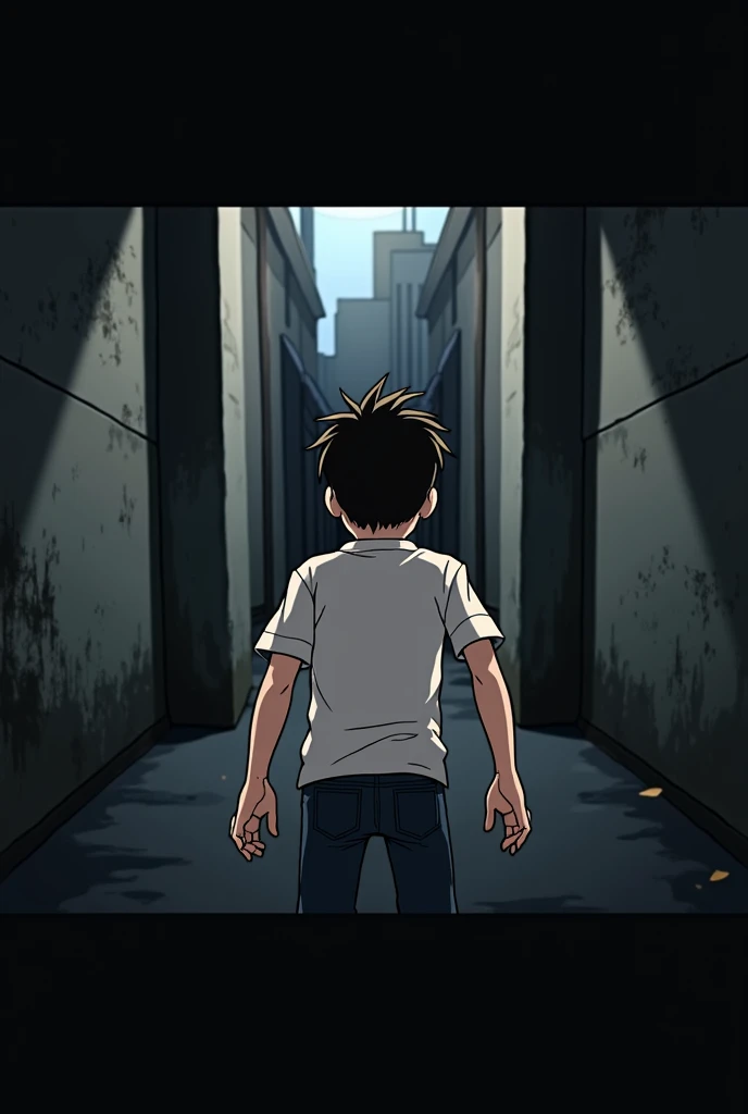 scared boy with his back turned, With a surprised pose he is in front of a wall (It&#39;s a dead end). (animated)
