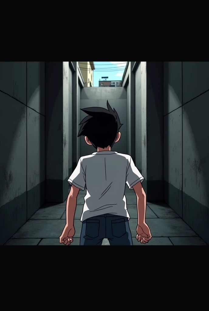 scared boy with his back turned, With a surprised pose he is in front of a wall (It's a dead end). (animated)