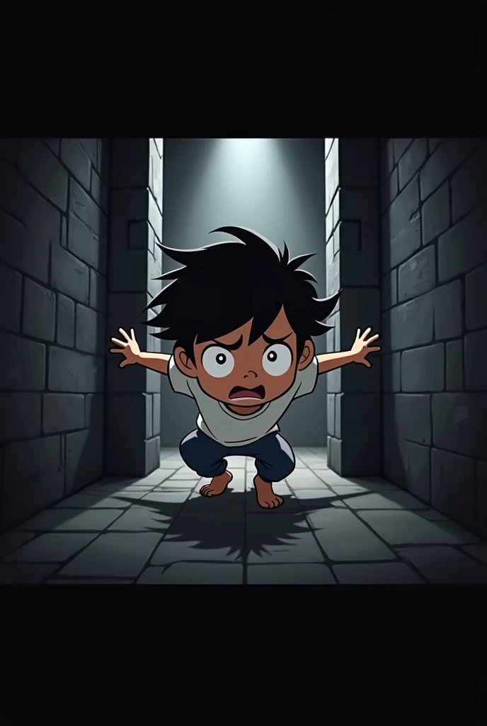 scared boy with his back turned, With a surprised pose he is in front of a wall (It&#39;s a dead end). (animated)