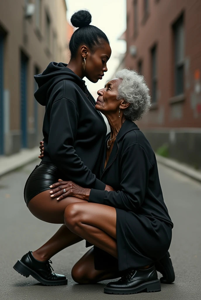 black woman hair in a bun black hoodie   black leather short shorts   a old grandma in a dress on her knees kissing her ass behind her squeezing her butt