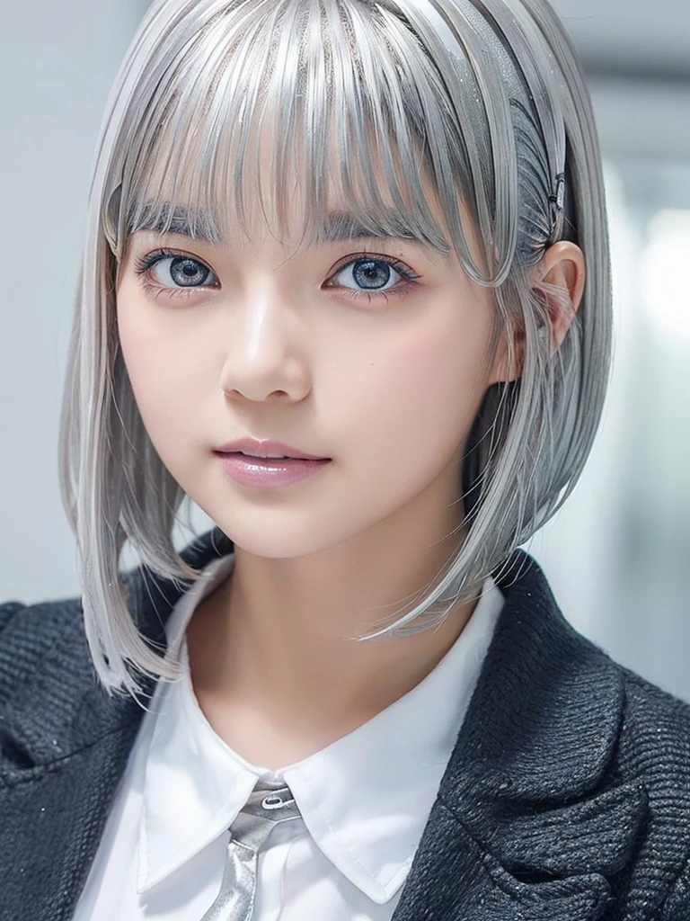A portrait of a young lovely girl in school uniform, with a bright expression, glowing white skin, glossy face, shimmering cheek gloss,best looks, bright silver hair with shimmering highlights, very beautiful glossy hair, (ultra short silver hair:1.75),shimmering clear alluring bright large pale blue eyes, very large eyes, downturned eyes, left and right eyes are equal,eyeliner, thin eyebrows,perfect bust,masterpiece,photorealistic, 8k,16k,high quality, masterpiece, realistic portrait