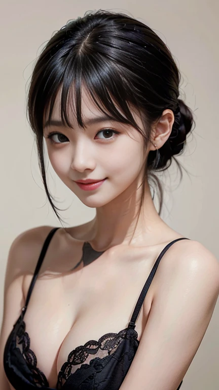 ((Highest quality、masterpiece、High resolution))、(((Zoom photo of upper body、Black Hair)))、(A shy smile:1.2)、One Woman、Beautiful Skin、Beautiful Eyes、Cleavage、No clothes、Shorn bangs、ponytail