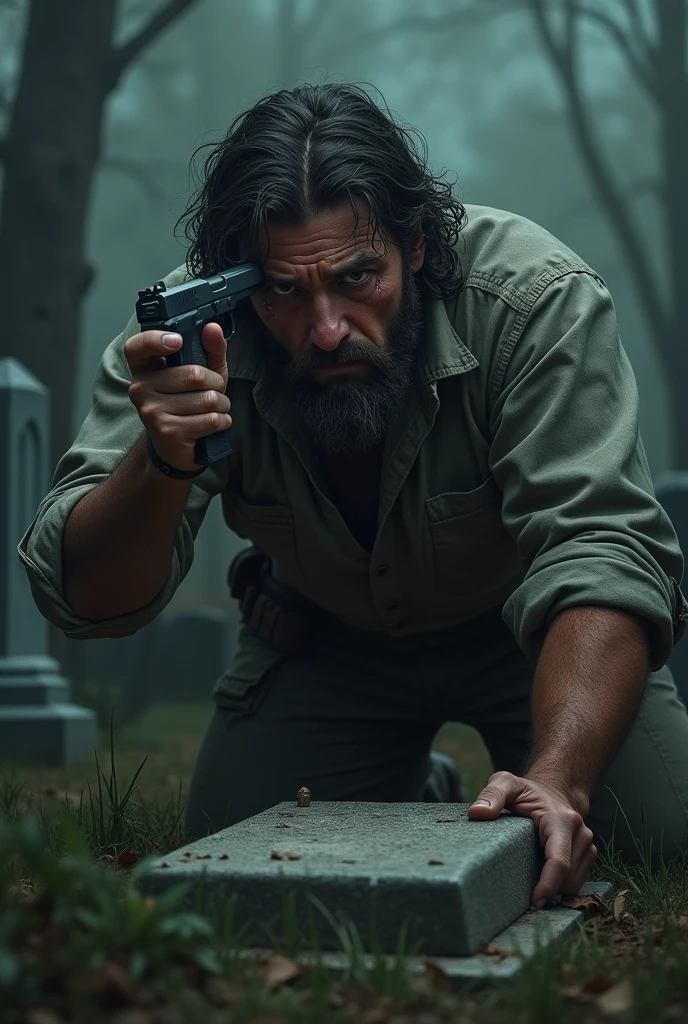 A Brunette-Bearded Man Holding a 14-Caliber Gun to His Head on the Grave Cries and Shoots His Head