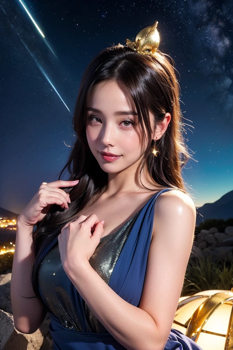 Highest quality, masterpiece, Realistic, High resolution, 8K RAW Photos, 1 person, Browsing Caution、Medium Long Hair、Star-decorated headband、((Glamour body:1.3))、(blue casual dress、Gold border)、(((Cheeky Pose)))、(Hill where you can see the night sky)、(UFO in the starry sky:1.2）、Aphrodite、goddess