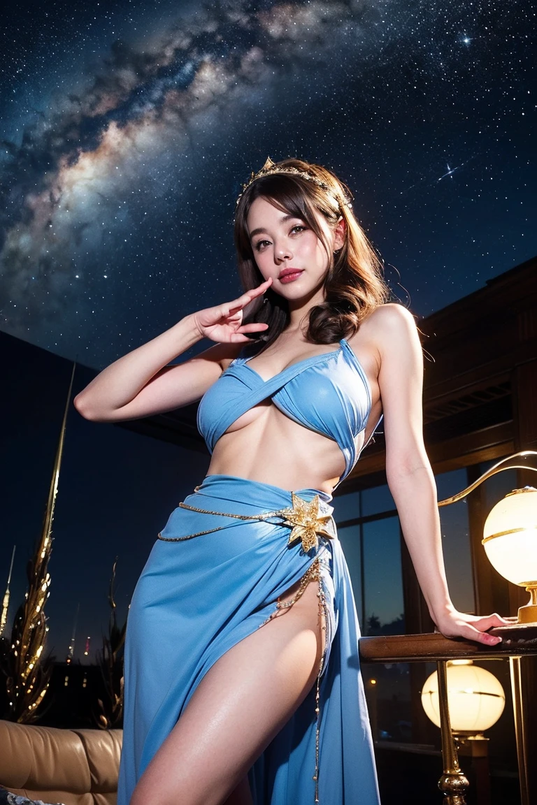 Highest quality, masterpiece, Realistic, High resolution, 8K RAW Photos, 1 person, Browsing Caution、Medium Long Hair、Star-decorated headband、((Glamour body:1.3))、(blue casual dress、Gold border)、(((Cheeky Pose)))、(Hill where you can see the night sky)、(UFO in the starry sky:1.2）、Aphrodite、goddess