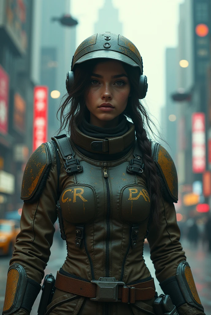 Raw photo of a young woman standing in the middle of a cyberpunk city, (modern futuristic city:1.3), (View the viewer:1.2), Skin Texture, NCR-Ranger Armor, Closed helmet for water, Upper Body, Cinematography