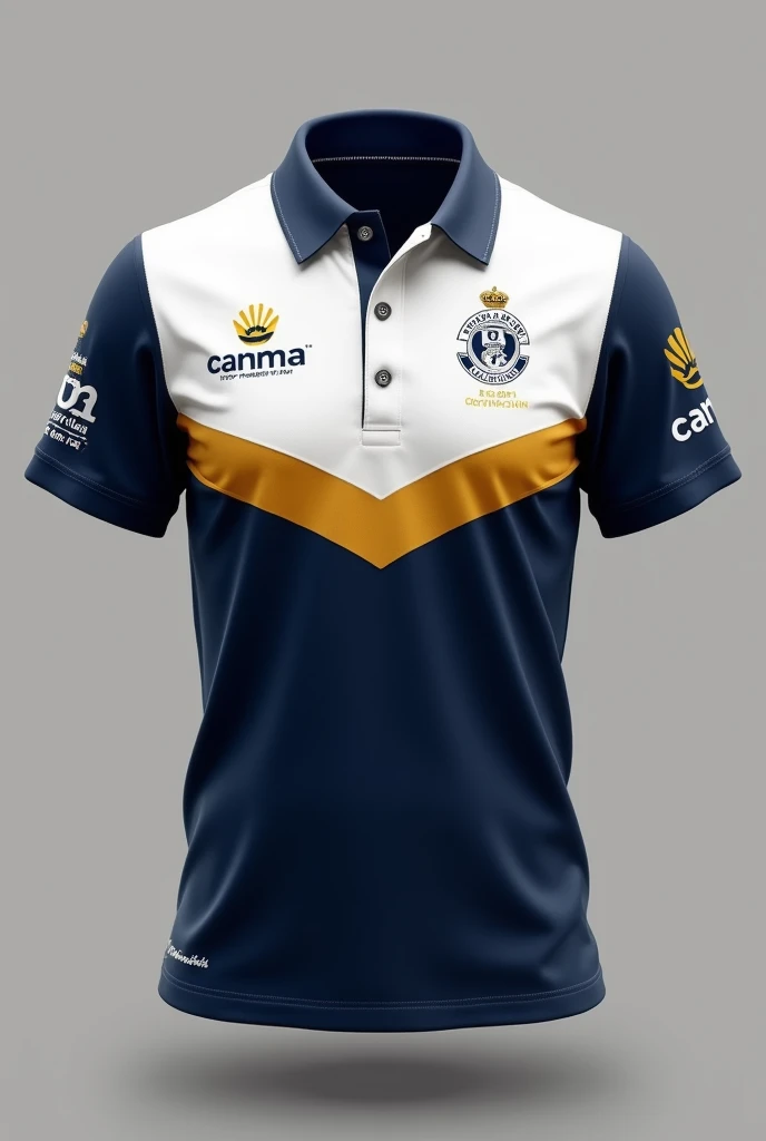 make me an organizational polo shirt for our uniform. color white, navy blue, and super less mustard. put design, graphics 